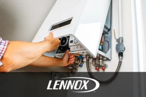 The arms of an expert plumber performing maintenance services on a boiler in a Springfield, IL home.