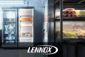 Bormida Heating & Cooling—A clean commercial kitchen in Springfield, IL, with a stainless steel refrigerator and freezer filled with food.