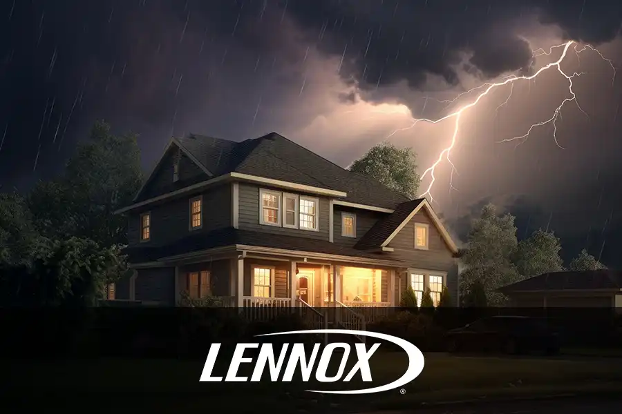 Bormida Heating & Cooling—A home in Springfield, IL with lights on as a lightning storm rages outside.