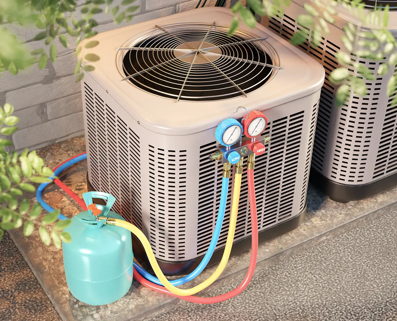 HVAC technician checking refrigerant levels on an outdoor air conditioner during AC maintenance in Springfield, IL.