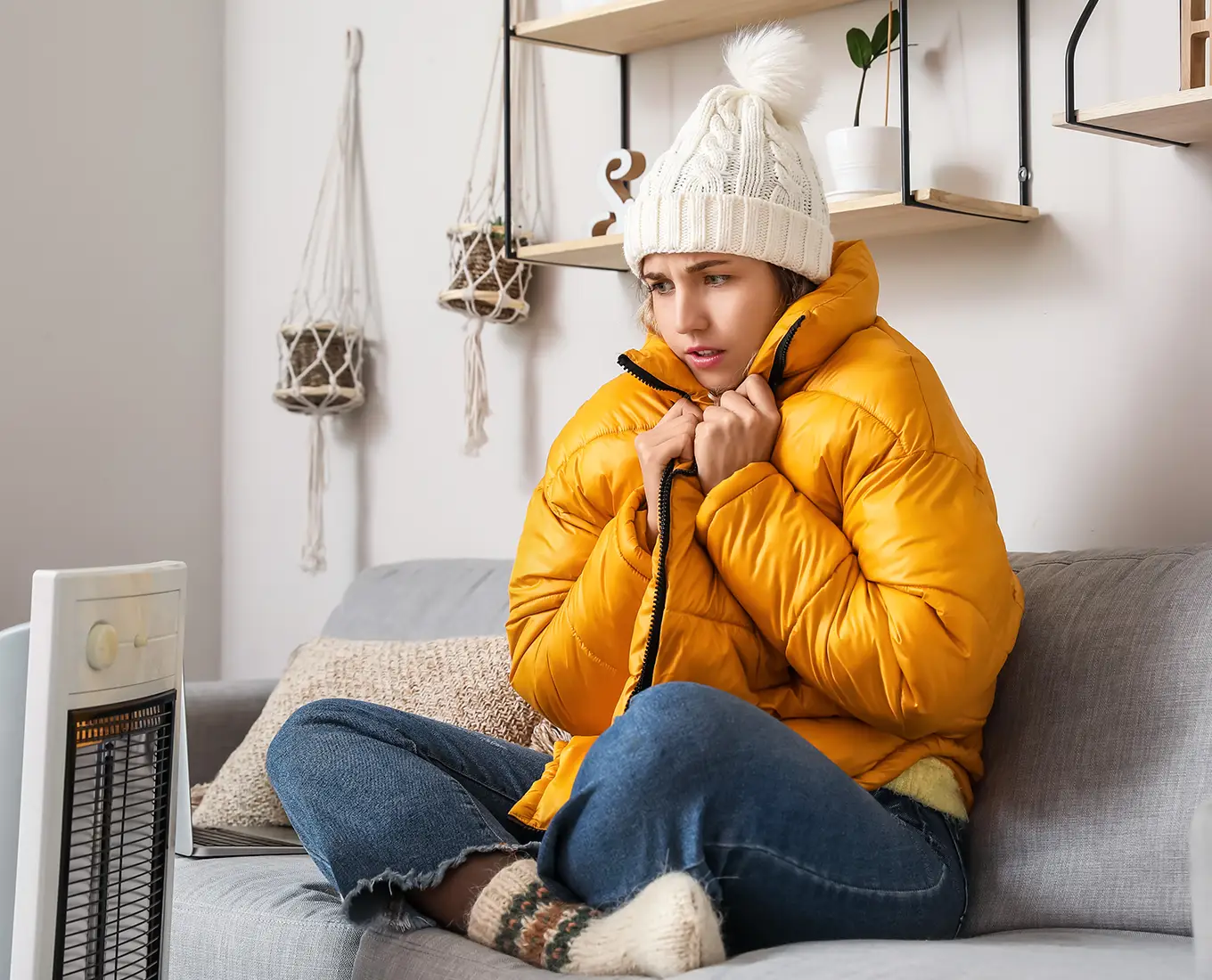 Homeowner feeling cold while waiting for professional furnace repair services from Bormida Heating & Cooling in Springfield, IL.