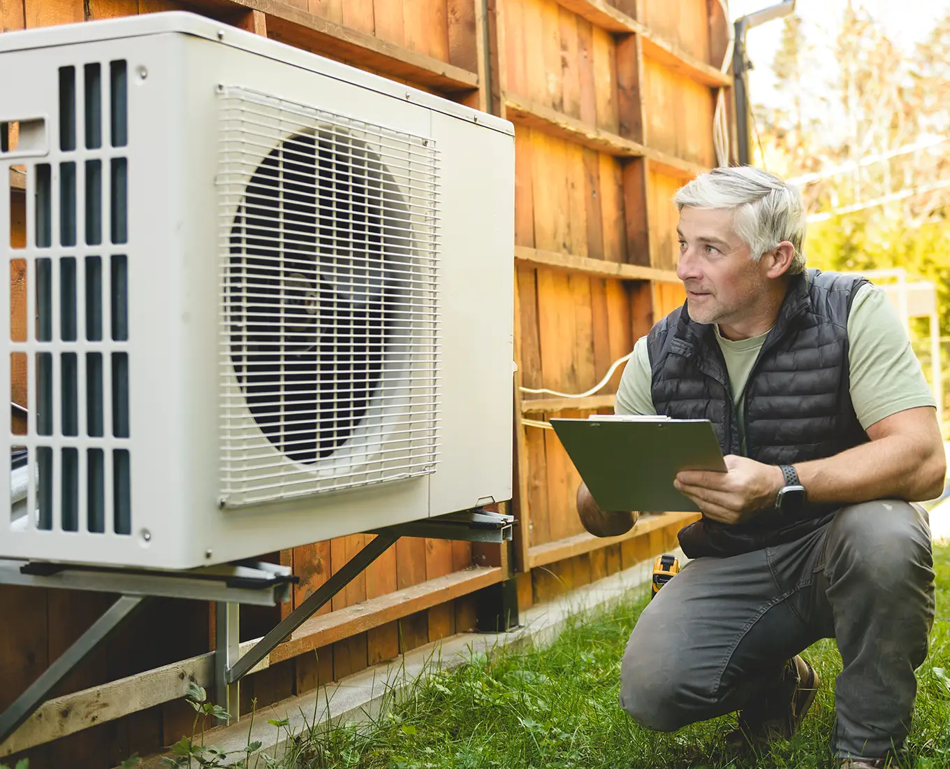 HVAC technician inspecting outdoor air conditioning unit for preventing emergency AC repair service in Springfield, IL