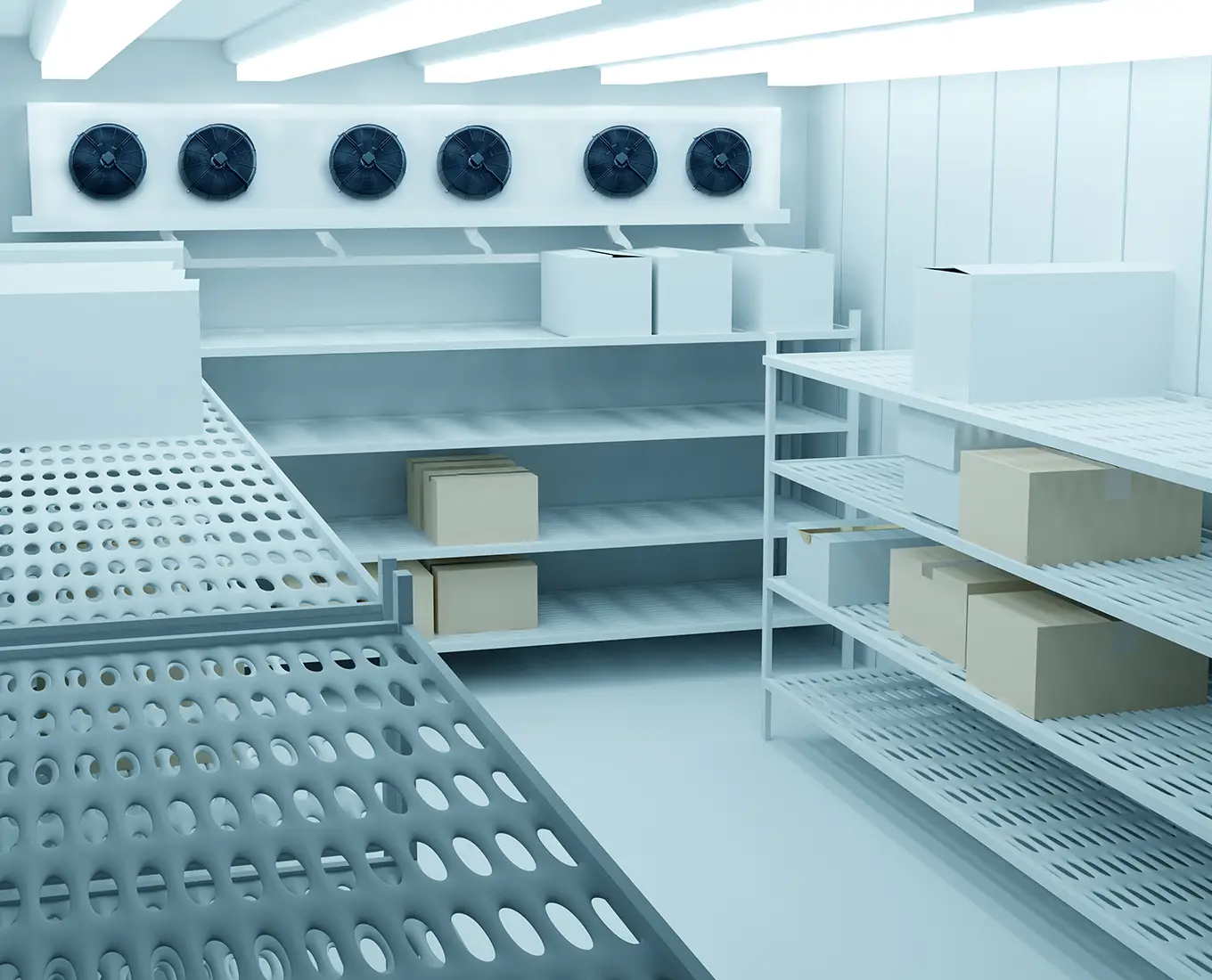 Interior of a commercial walk-in freezer used for food storage in restaurants and businesses supported by commercial refrigeration installation and maintenance in Springfield, IL.