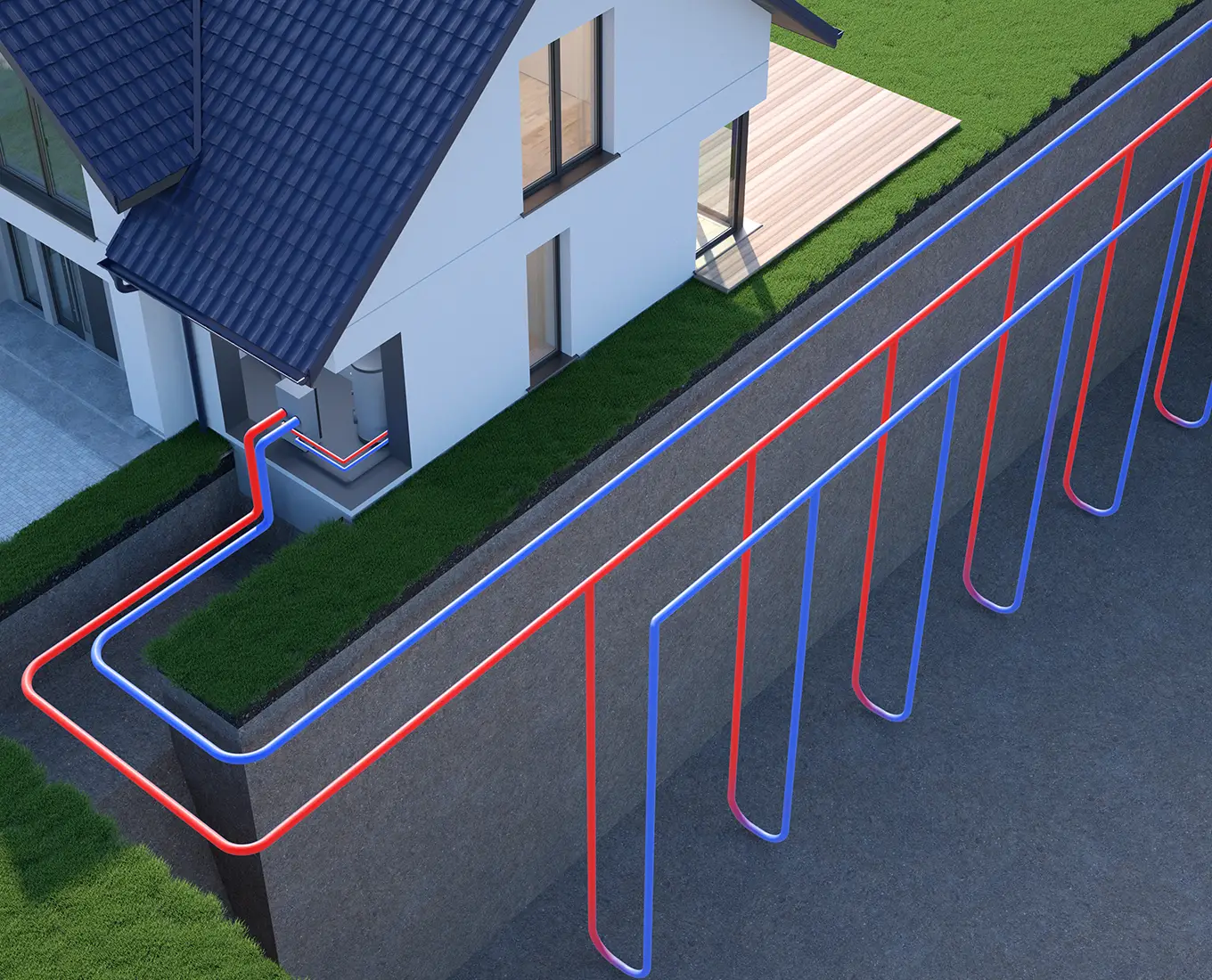 Diagram showing underground geothermal ground loop pipes connected to a home heating and cooling system as part of geothermal HVAC service in Springfield, IL.