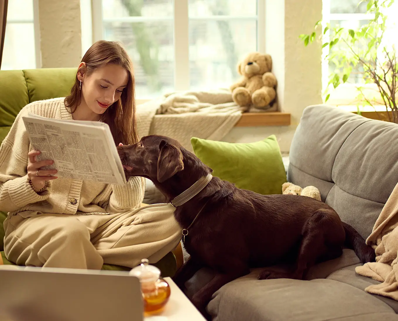 Homeowner relaxing with dog and indoor greenery representing fresh, clean indoor air in Springfield IL